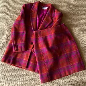 Vintage Pink and Orange Plaid Wool Skirt Suit